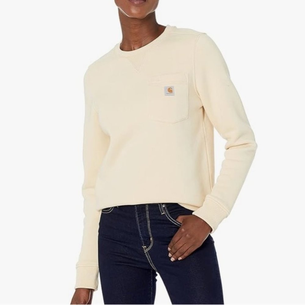 ❗️SOLD❗️CARHARTT Cream Clarksburg Crewneck Pocket Sweatshirt Size XS - Picture 1 of 8